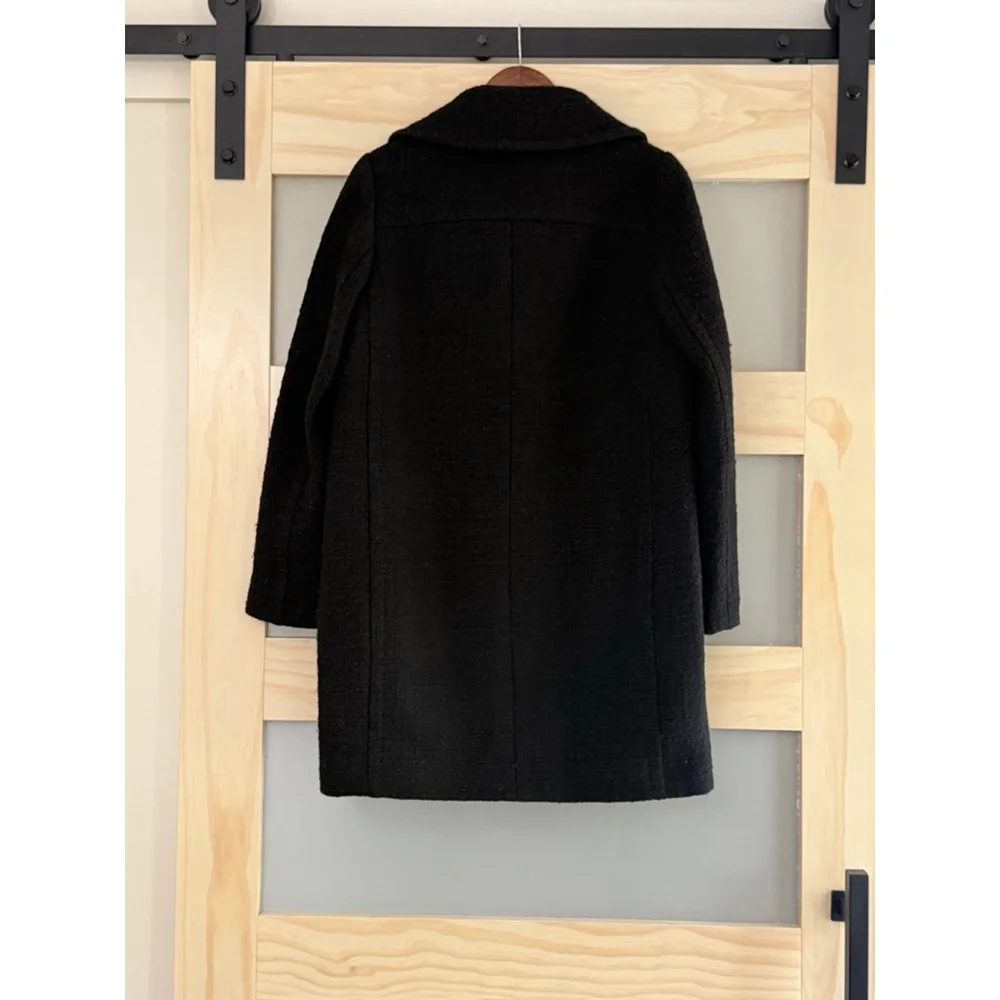 Kate Spade Black Wool Blend Coat Size 6 Colorful Button Fuzzy Textured Mid Lengt